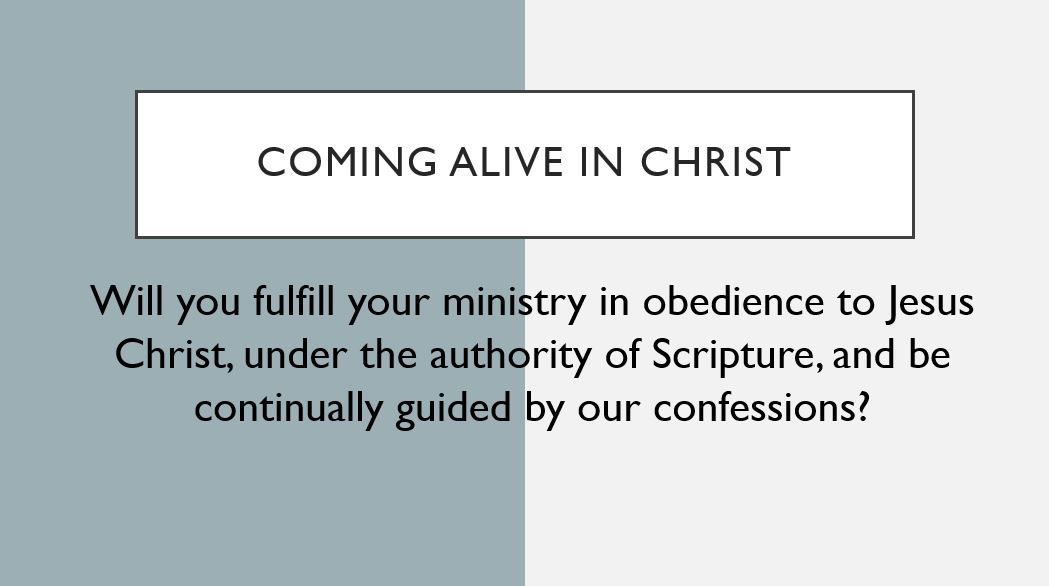 Coming alive in Christ Will you fulfill your ministry in obedience to Jesus Christ, under the authority of Scripture, and be continually guided by our confessions?